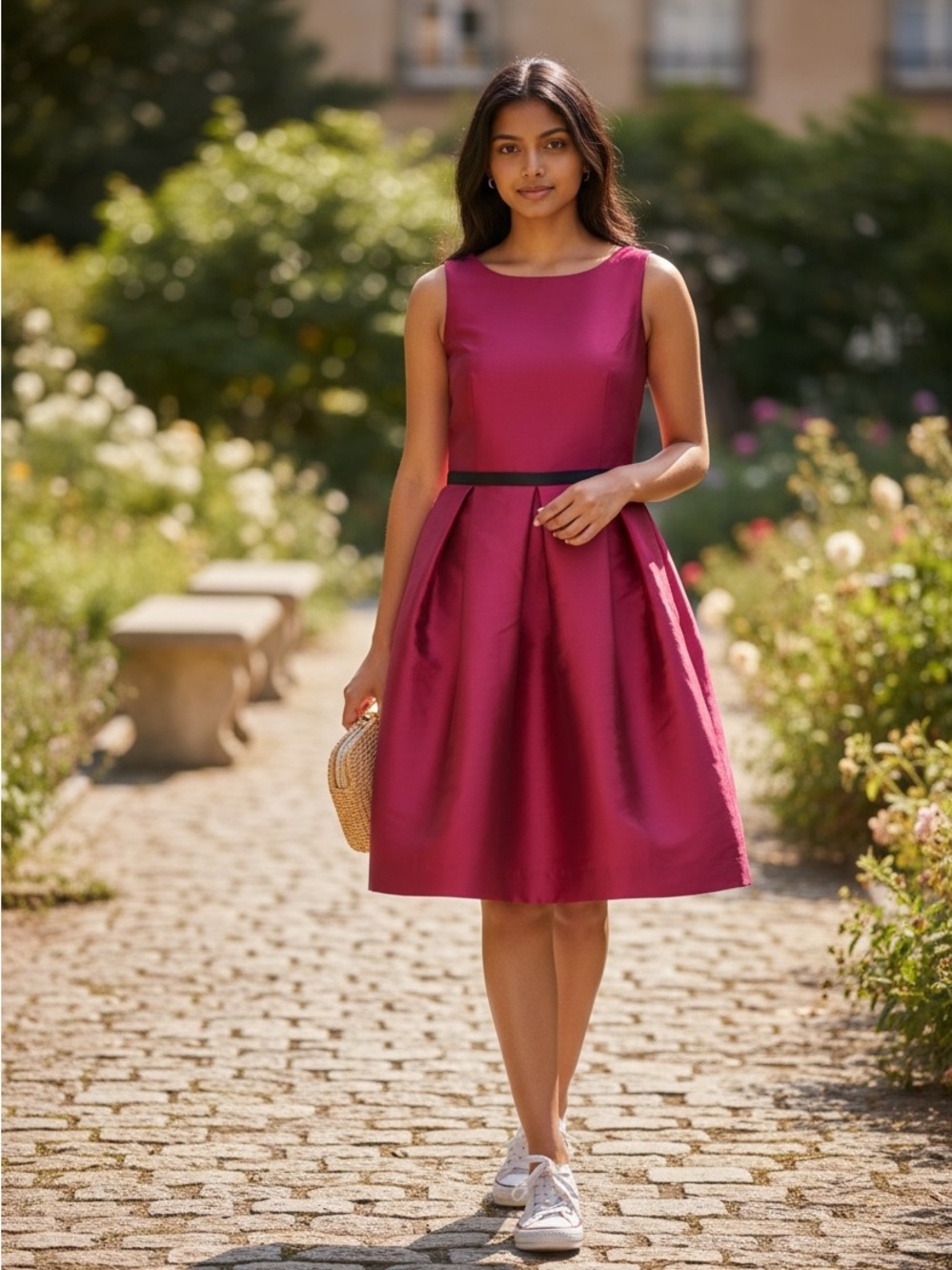 Taylor Fuchsia Midi Dress with Black Waist Trim